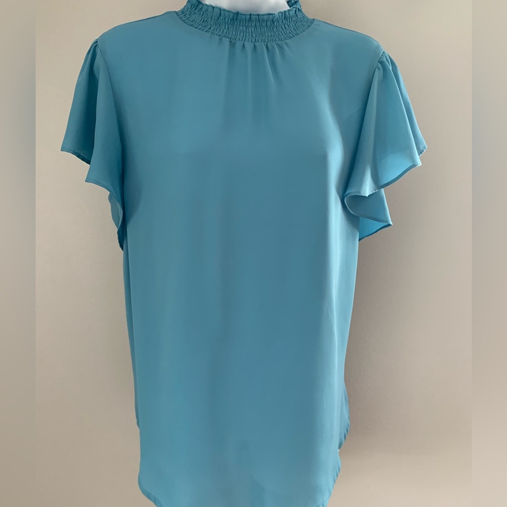 Apt9 Blue Flutter Sleeve Blouse with Mandarin Collar